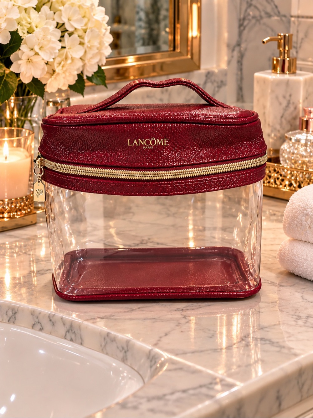Lancôme Clear Makeup Case with Burgundy Trim and Gold Hardware